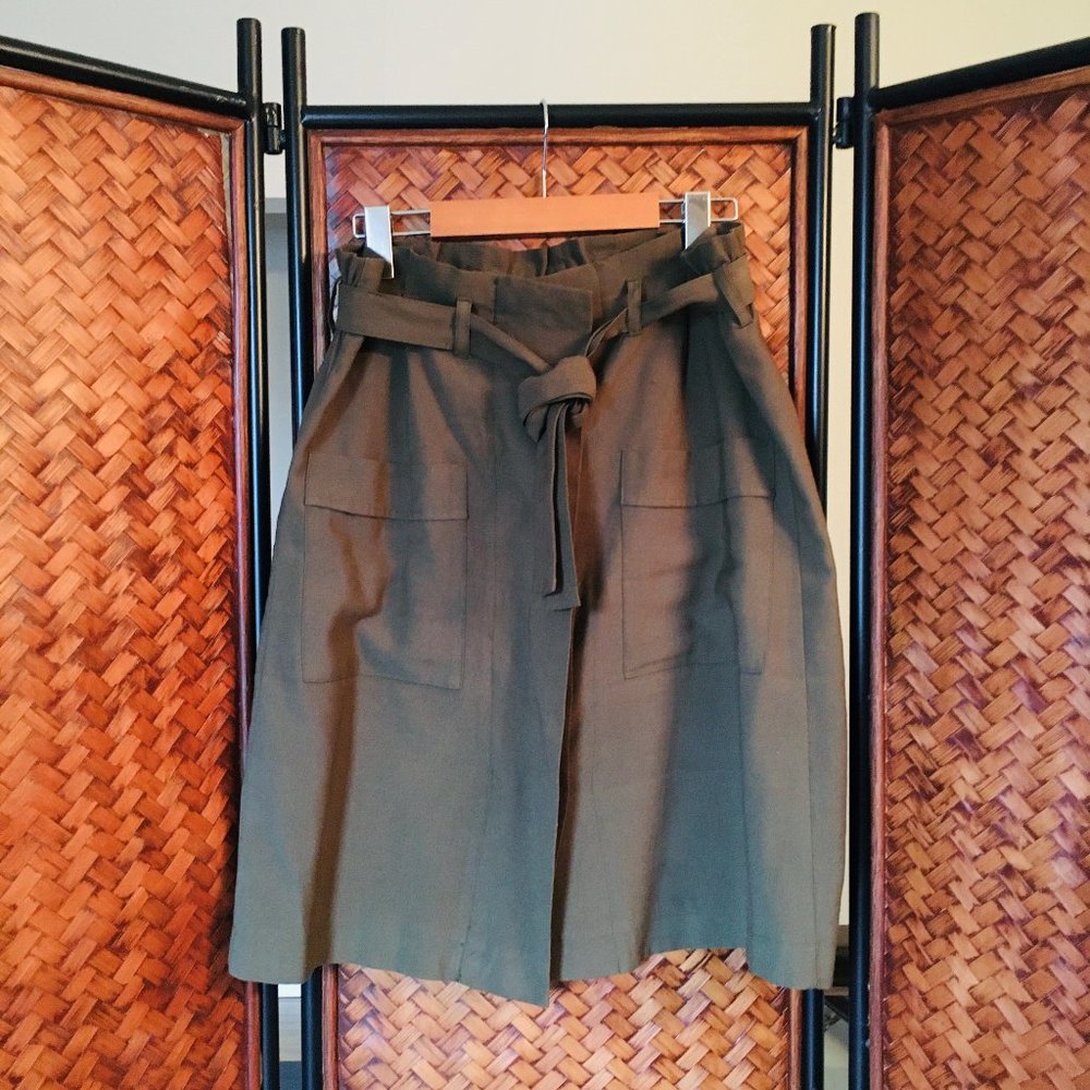 Premise Olive Green Rayon Belted Button Up Cargo Skirt 8 M